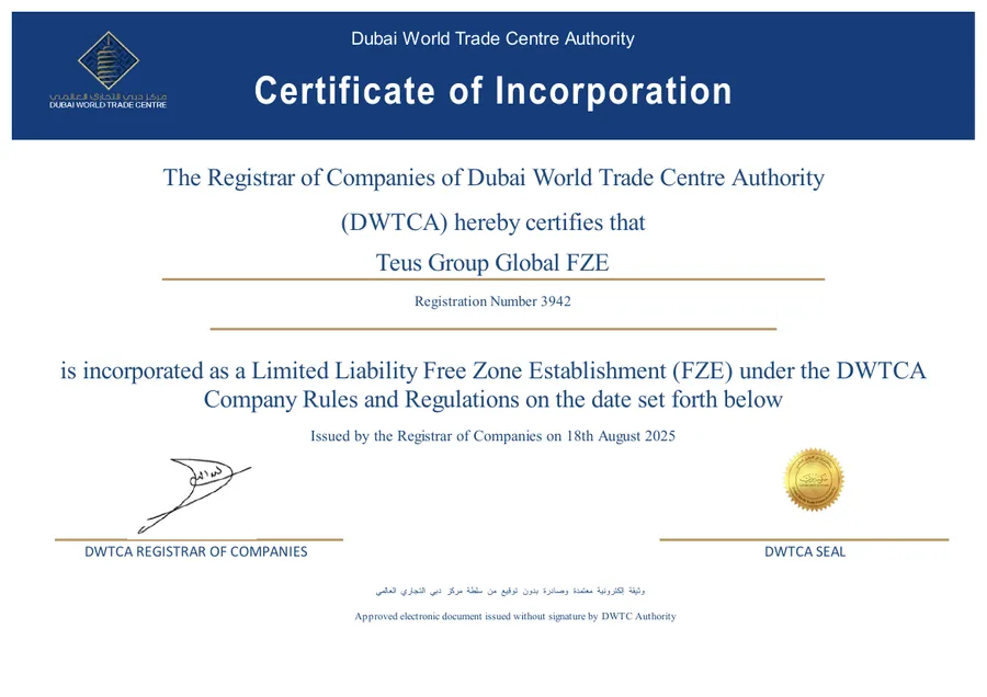 TEUS Group Global FZA — Certificate of Incorporation — прев'ю першої сторінки