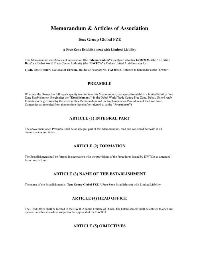 TEUS Group Global FZA — Memorandum of Association — прев'ю першої сторінки
