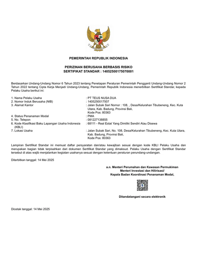 Standard Certificate (KBLI 68111.1) — прев'ю першої сторінки